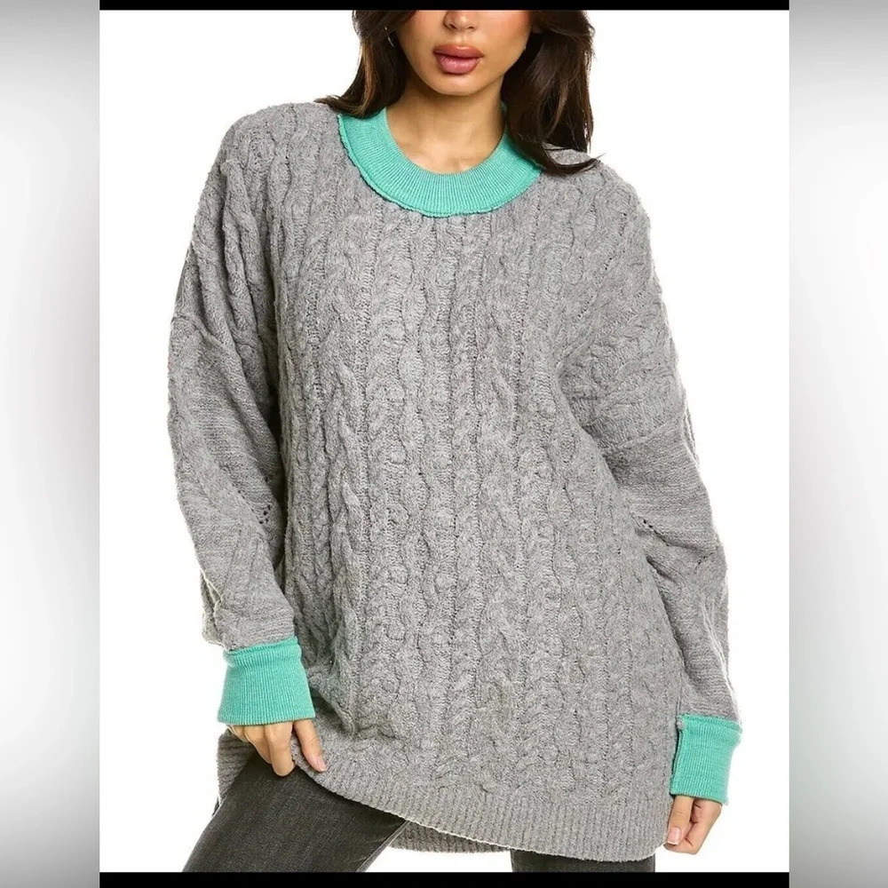 NWOT Free People|| Grey Combo Cable Knit Ribbed Olympia Tunic Sweater - Picture 4 of 11